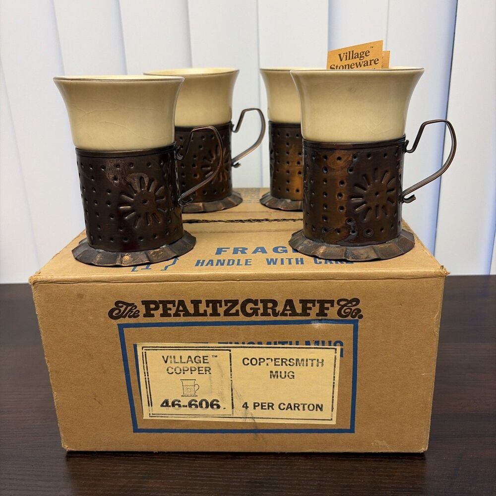 VNTG Pfaltzgraff Village Copper Coppersmith Mugs Set of 4 New Original Box 70s
